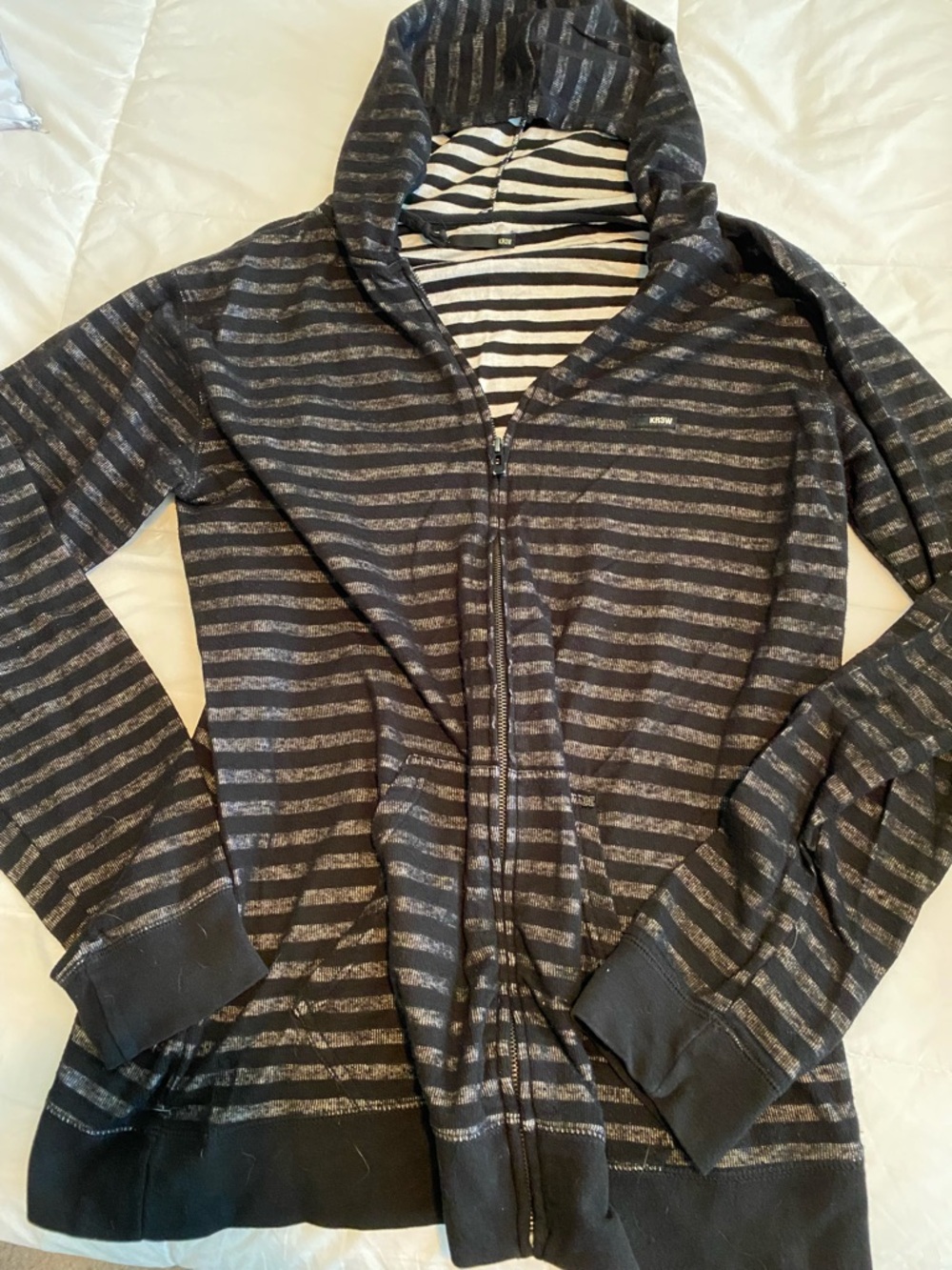 KR3W Black and White Striped Zip Hoodie